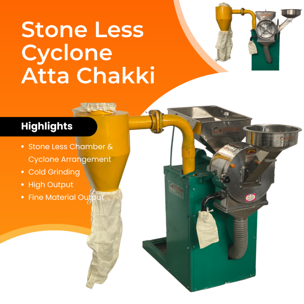 Cyclone Atta Chakki comes up with cyclone which enables cold grinding of flour and spices with ultra fine mesh size.