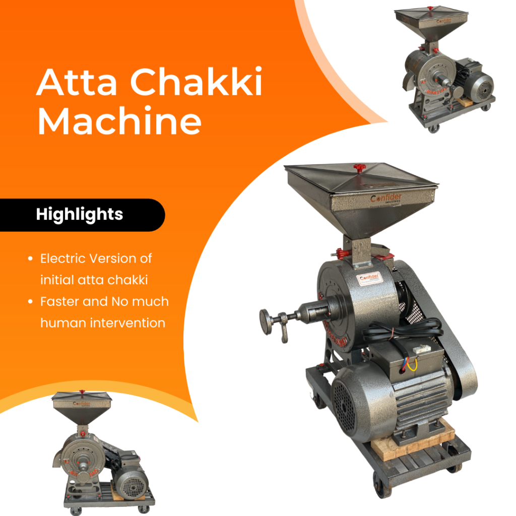 This mini and large sized stone atta chakki equipped with the motor inside. That makes stone rotating and process human free.