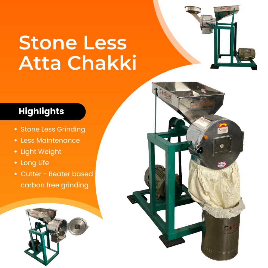 Stone Less Atta Chakki eliminates the need of stones with rotating beater and steady cutter.