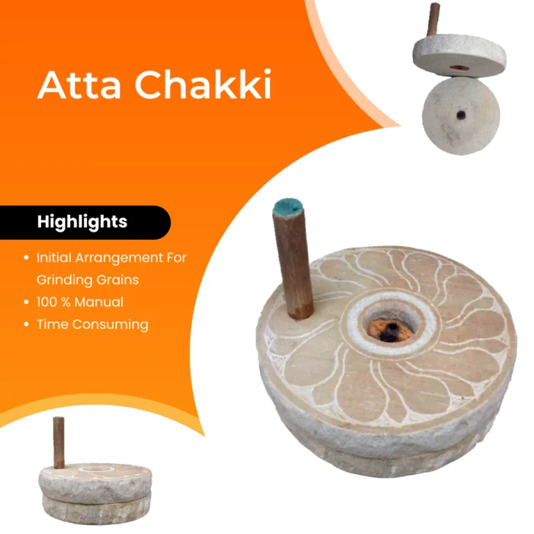 Known as "chakki", used for grinding grains with the help of friction generated between two rotating stones.
